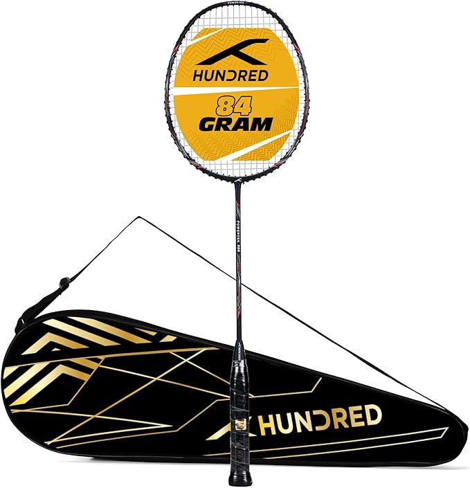 HUNDRED POWERTEK 900 Badminton Racket with Cover (BLACK/RED, Size: Standard, Grip Size: 3 1/4 inches) | Powertek 900 Series | Stringing | Material: Full Graphite | For advanced players | Weight: 84 grams | Maximum string tension - 26lbs