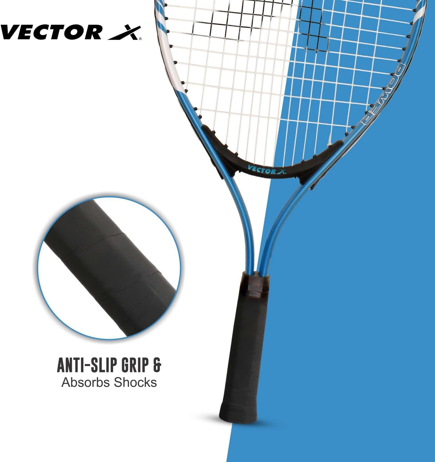 Vector X VXT-520 Strung Junior Tennis Racket | Color: Blue | Size: 23 inches | Material: Alloy steel, aluminum | with 3/4 cover | Grip size: 3 3/4 inches | Heavy construction | Shock absorption effect | Head shape: Oval shape