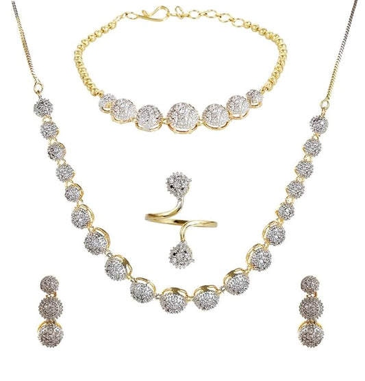 YouBella Crystal Stylish Necklace Jewellery Set | With Earrings, Ring and Bracelet | Gold Plated | Material: Brass | Fashionable Art Jewelry | For Women & Girls | Durable Design