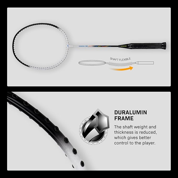 HUNDRED Powertek 100 (set of 2) full-string badminton racket (size: standard, grip size: G5) | Stringing | Material: aluminum | Maximum tension: 16-18lbs | for advanced players