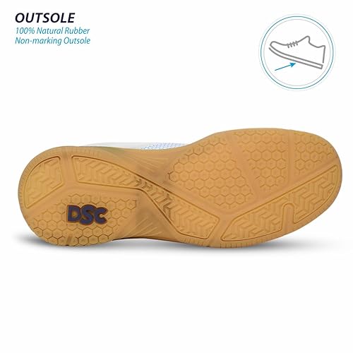 DSC Akido Badmintonschuhe | Farbe: Weiß, Marine & Krep Für Herren & Jungen | Material: Leder | Natürliche Krepp-Gummi Non Marking Outsole | Atmungsaktives Mesh