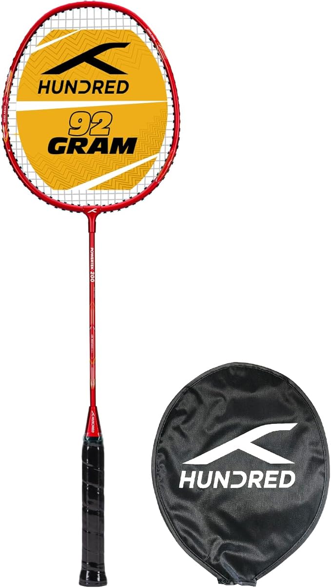 HUNDRED Powertek 200 Badmintonschläger mit Kopfabdeckung (Größe: Standard, Griffgröße:G5) | Besaitet | Material: Aluminium | Für fortgeschrittene Spieler | Gewicht: 95 Gramm | Maximale Saitenspannung - 18-20lbs