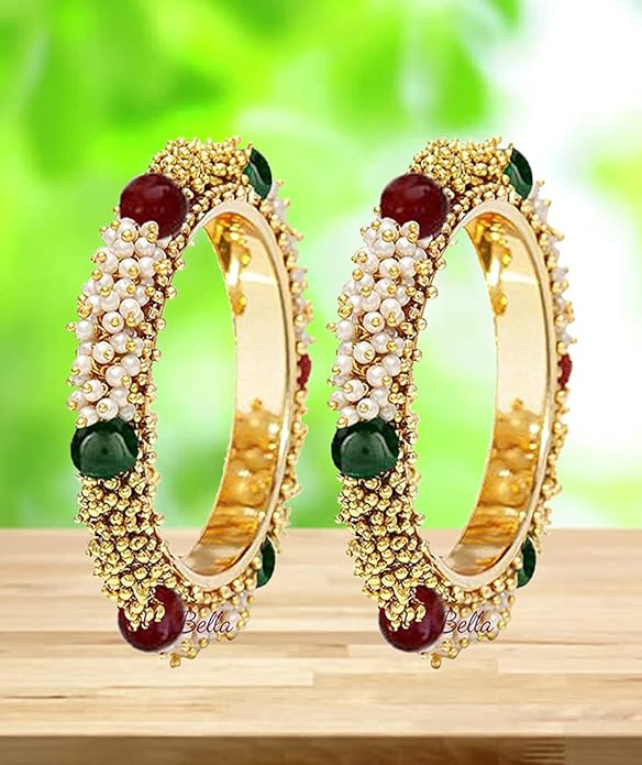 YouBella Traditionelles Armreifen-Set mit Perlenbesatz | Vergoldet | Mehrfarbig | Material: Messing | Größe: 2,4 | Modischer Kunstschmuck | Für Frauen und Mädchen | Geeignet für alle Gelegenheiten