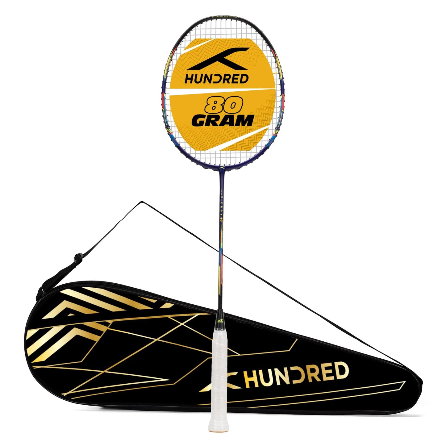 Hundred N-ERGY 80 Badmintonschläger mit Carbonfaserüberzug und kompletter Schlägerhülle | Für fortgeschrittene Spieler | 80 g | Maximale Saitenspannung: 32 lbs