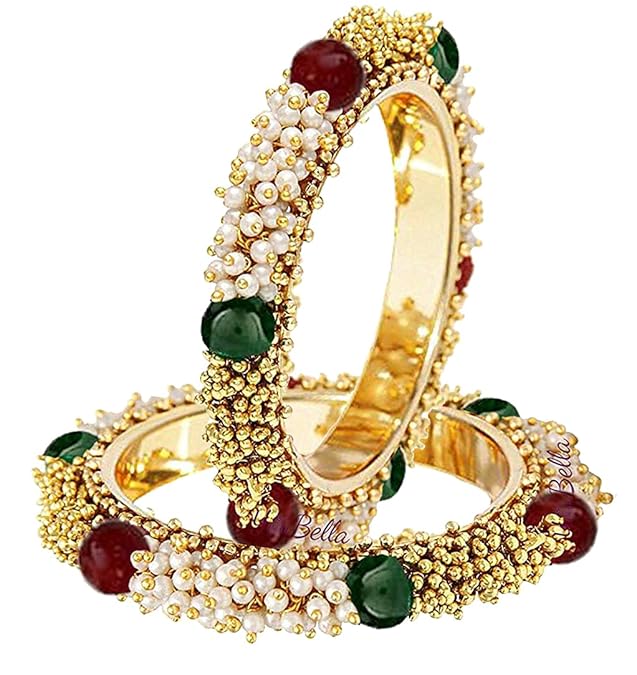 YouBella Traditionelles Armreifen-Set mit Perlenbesatz | Vergoldet | Mehrfarbig | Material: Messing | Größe: 2,4 | Modischer Kunstschmuck | Für Frauen und Mädchen | Geeignet für alle Gelegenheiten