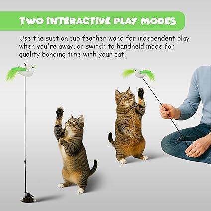 Funfy Cat Wand Toy, Interactive Cat Feather Toy with Bird for Indoor Self-Play & Exercise | 2 Play Modes Kitten Teaser Wand with Green Color Bird, Reusable Suction Cup Kitten Toy