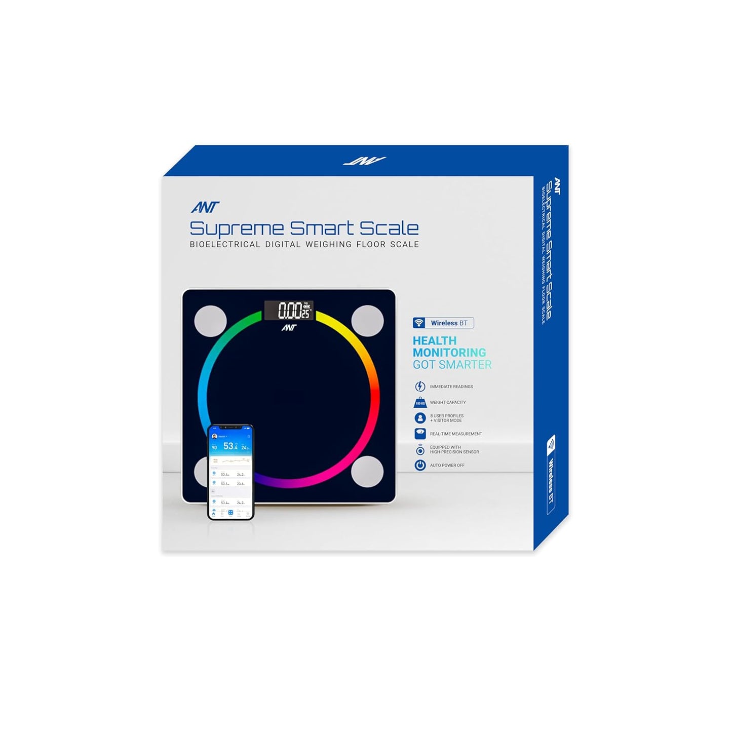 Ant Esports Flora Smart Scale, digitale Personenwaage, Genauigkeit bis auf 0,1 kg, Körpergewicht- und Fettmonitor, Muskel-BMI, elektronischer Körperzusammensetzungsmonitor mit Bluetooth, 180 kg Tragkraft, schwarz