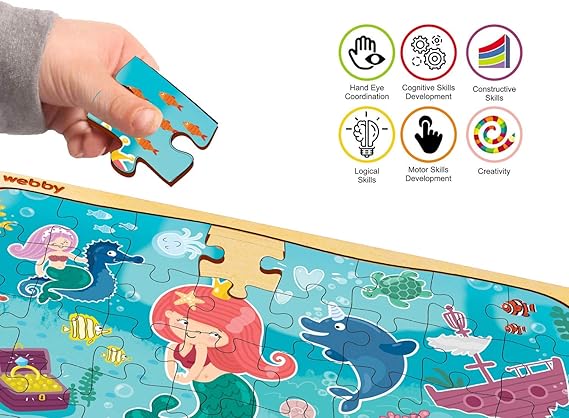 Webby Niedliches Meerjungfrauen-Holzpuzzle | 40 Teile | Lernpuzzle für Kinder von 3 bis 6 Jahren | Fördert die Konzentration und die Fähigkeit zum Lösen von Problemen | Inklusive Holzschale zur einfachen Aufbewahrung