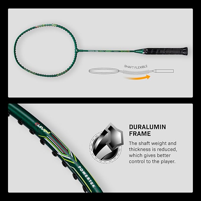HUNDRED Powertek 200 Badmintonschläger mit Kopfabdeckung (Größe: Standard, Griffgröße:G5) | Besaitet | Material: Aluminium | Für fortgeschrittene Spieler | Gewicht: 95 Gramm | Maximale Saitenspannung - 18-20lbs