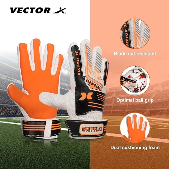 Vector X Gripflex Torwarthandschuhe für Kinder, Jugendliche, Torwart, Feldspieler-Handschuh, geprägt, rutschfeste Latex-Handfläche, weiches Polyurethan, Handrücken, Weiß, Schwarz, Orange, Größe 5
