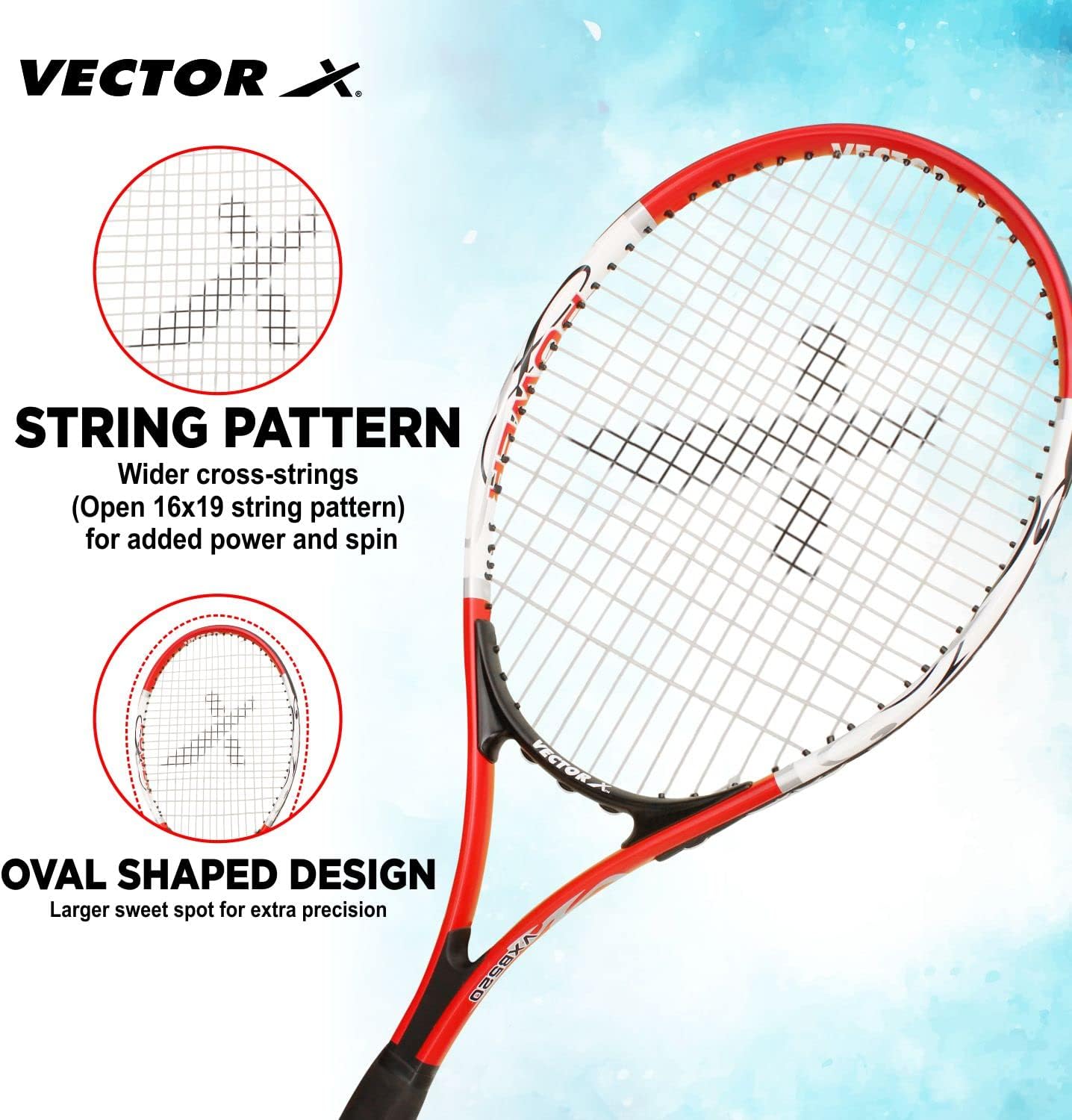 Vector X Vxt 520 27 Zoll Senior mit 3/4 Abdeckung bespannt Tennisschläger (Rot, Weiß) (Rot)