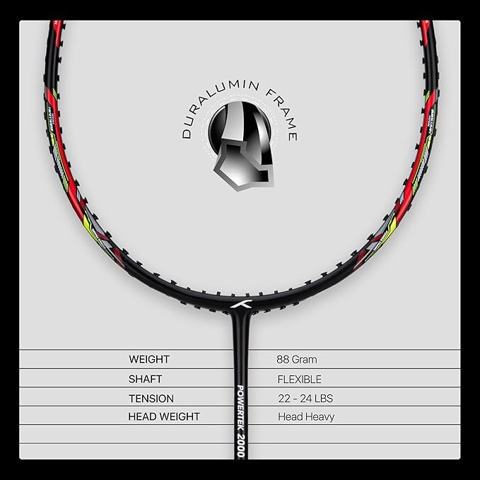 HUNDRED Powertek 2000 PRO Badminton Racket with Full String (Size: Standard, Grip Size: G6) | Stringing | Material: Graphite | For advanced players | Weight: 90 grams | Maximum string tension - 22-24lbs