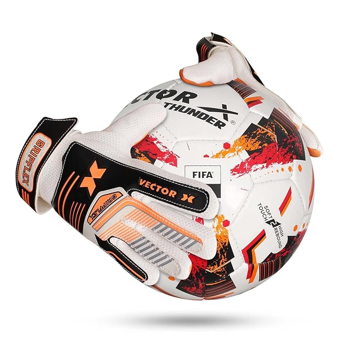Vector X Gripflex Torwarthandschuhe für Kinder, Jugendliche, Torwart, Feldspieler-Handschuh, geprägt, rutschfeste Latex-Handfläche, weiches Polyurethan, Handrücken, Weiß, Schwarz, Orange, Größe 5