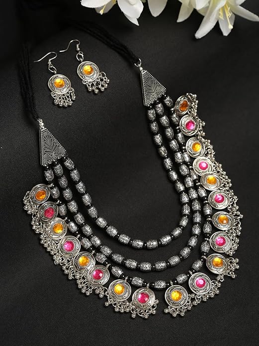 YouBella Fashion Afghani Tribal Schmuckset für Frauen und Mädchen | Set aus Halskette und Ohrringen | Farbe: Silber | Antik oxidiert | Versilbert | Hautfreundlich | Nicht allergisch | Zum Verschenken und zur Hochzeit