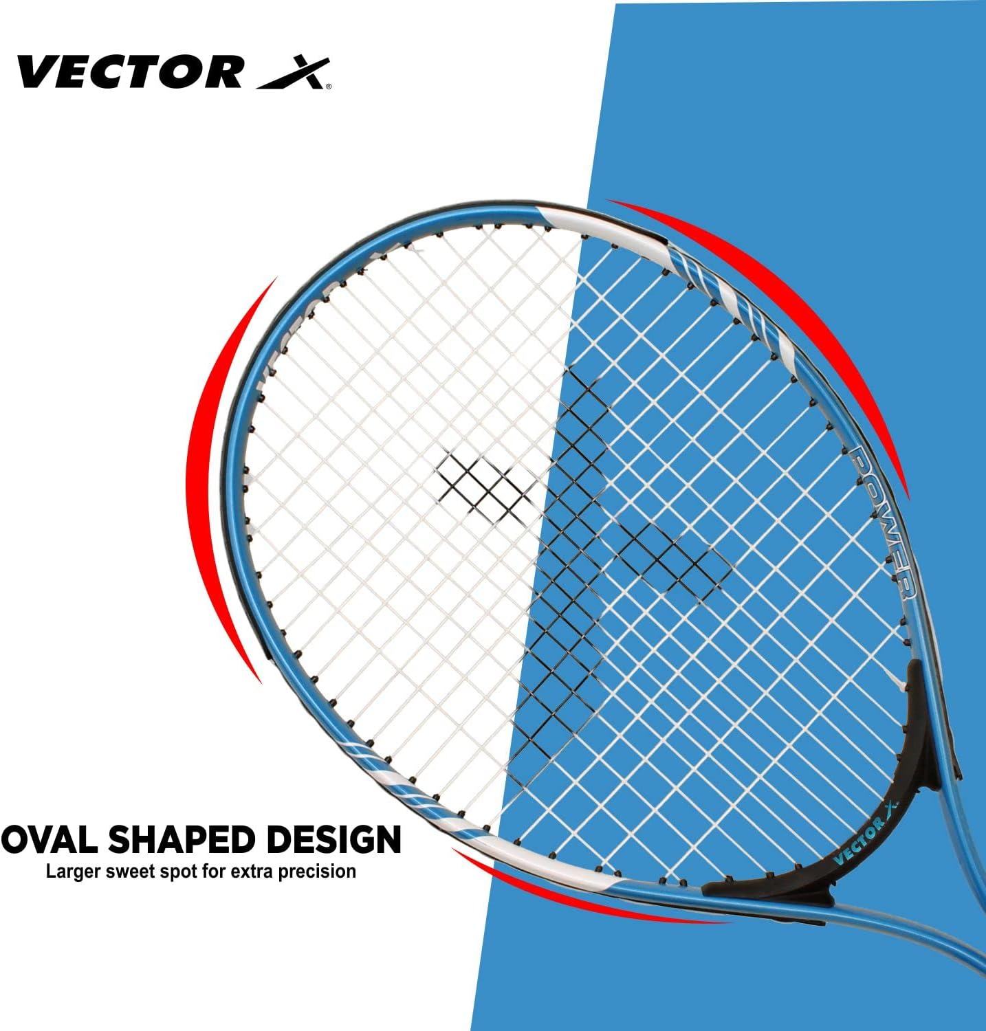 Vector X VXT-520 Strung Junior Tennis Racket | Color: Blue | Size: 23 inches | Material: Alloy steel, aluminum | with 3/4 cover | Grip size: 3 3/4 inches | Heavy construction | Shock absorption effect | Head shape: Oval shape