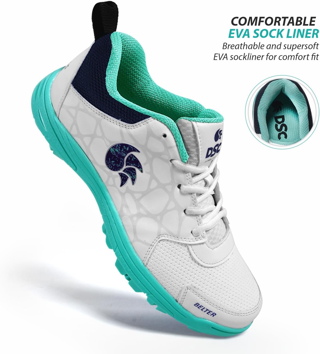 DSC Belter Cricket Schuhe | Teal Blue | Für Jungen und Männer | Eva Sock Liner | Leichte Sohle | Langlebig