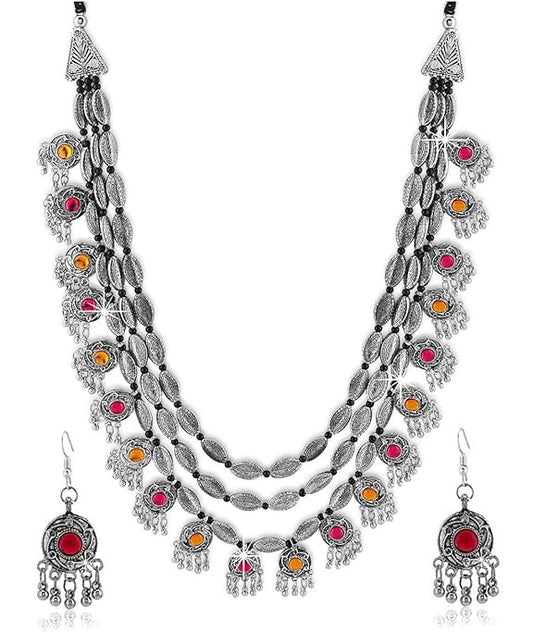 YouBella Fashion Afghani Tribal Jewelry Set for Women and Girls | Necklace and Earrings Set | Color: Silver | Antique Oxidized | Silver-Plated | Skin-Friendly | Non-Allergic | For Gifting and Weddings