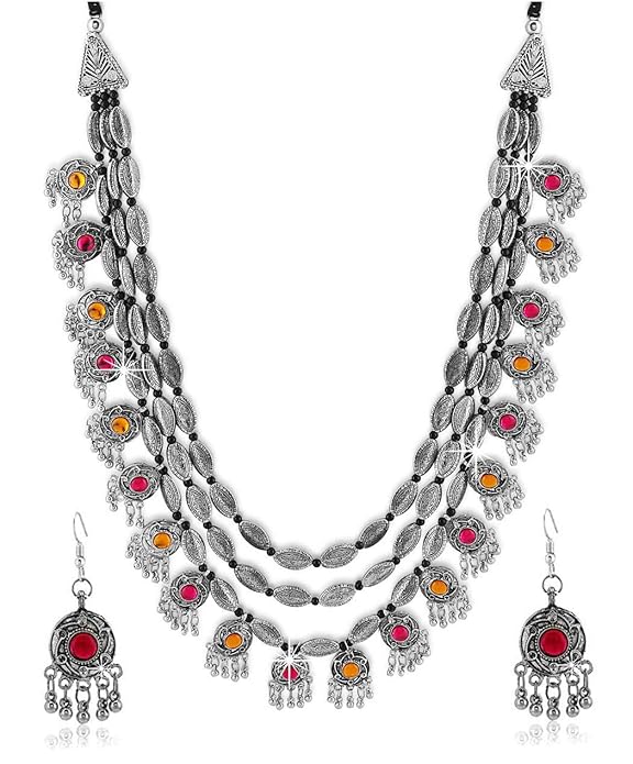 YouBella Fashion Afghani Tribal Schmuckset für Frauen und Mädchen | Set aus Halskette und Ohrringen | Farbe: Silber | Antik oxidiert | Versilbert | Hautfreundlich | Nicht allergisch | Zum Verschenken und zur Hochzeit