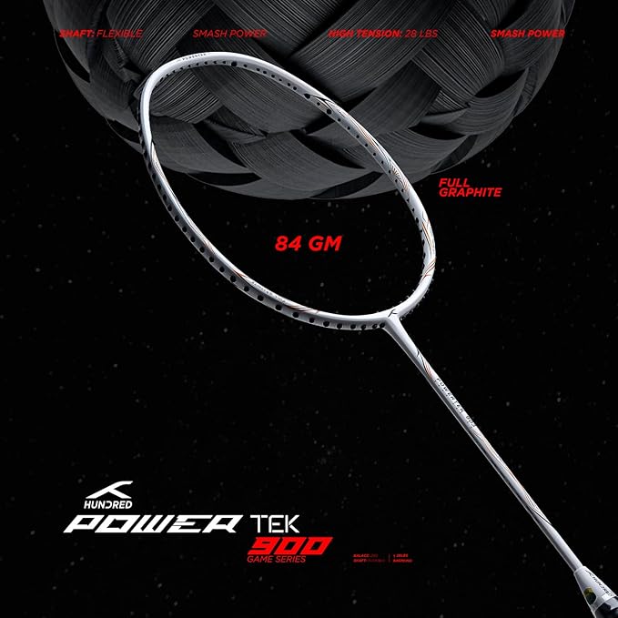 HUNDRED POWERTEK 900 Badminton Racket with Cover (BLACK/RED, Size: Standard, Grip Size: 3 1/4 inches) | Powertek 900 Series | Stringing | Material: Full Graphite | For advanced players | Weight: 84 grams | Maximum string tension - 26lbs