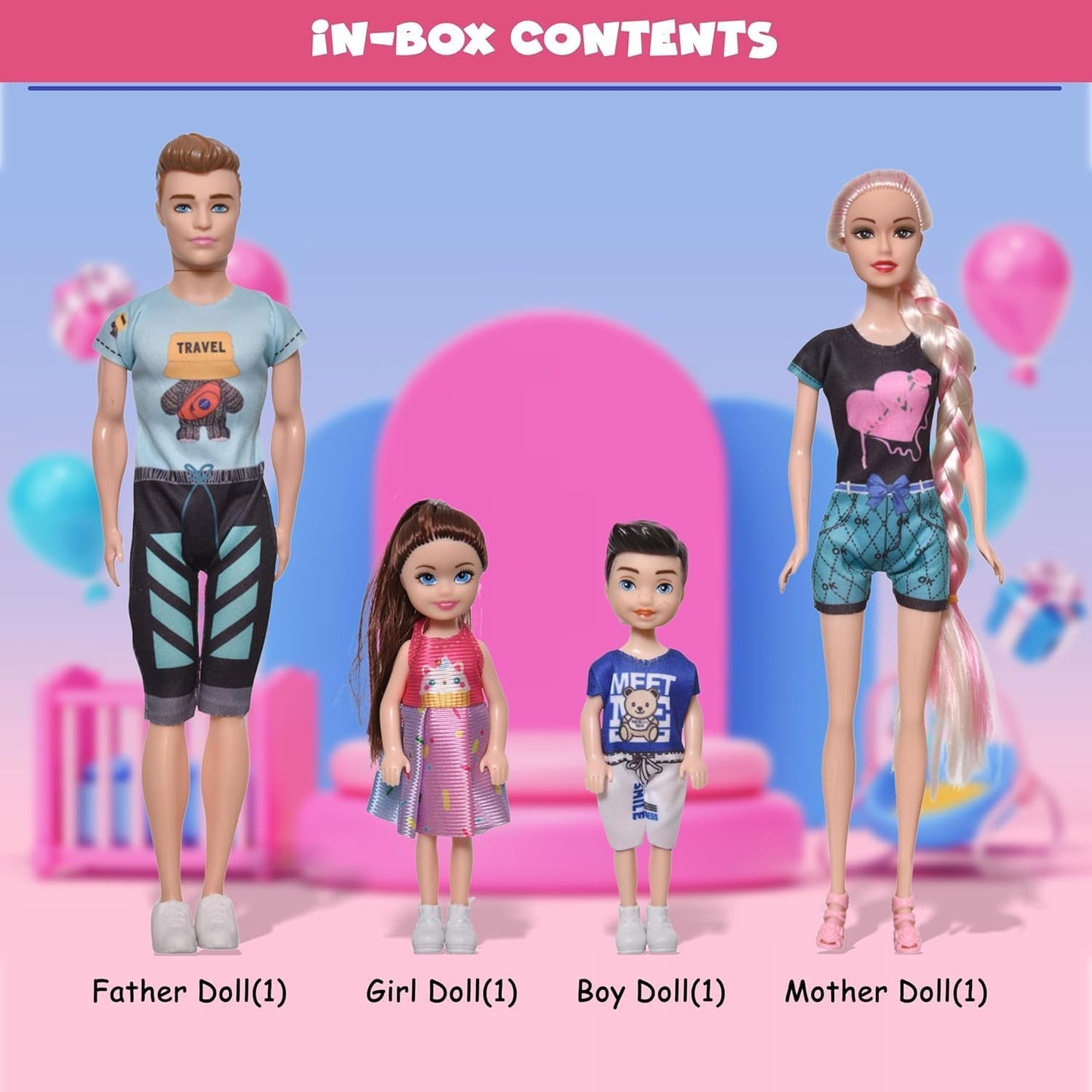 FUNFY Puppenset für Eltern und Kinder | Mehrfarbig | Die Elternpuppen haben einen 28 cm großen Körper aus massivem Kunststoff | Bietet eine komplette Familie – Vater, Mutter, Junge und Mädchen für fantasievolles Spielen | für Mädchen