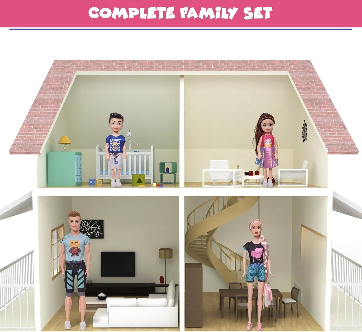 FUNFY Puppenset für Eltern und Kinder | Mehrfarbig | Die Elternpuppen haben einen 28 cm großen Körper aus massivem Kunststoff | Bietet eine komplette Familie – Vater, Mutter, Junge und Mädchen für fantasievolles Spielen | für Mädchen