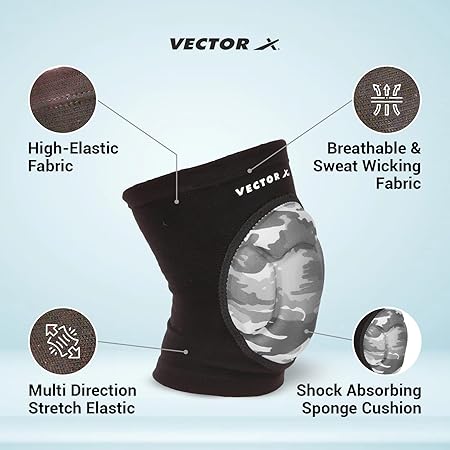 Vector X Camo Kniebandage, einteilig, für Sport, Schmerzlinderung, Kniekompressionsunterstützung, Übung, Laufen, Radfahren, Knieschützer, Kniebandage für Damen und Herren (Schwarz-Grau)