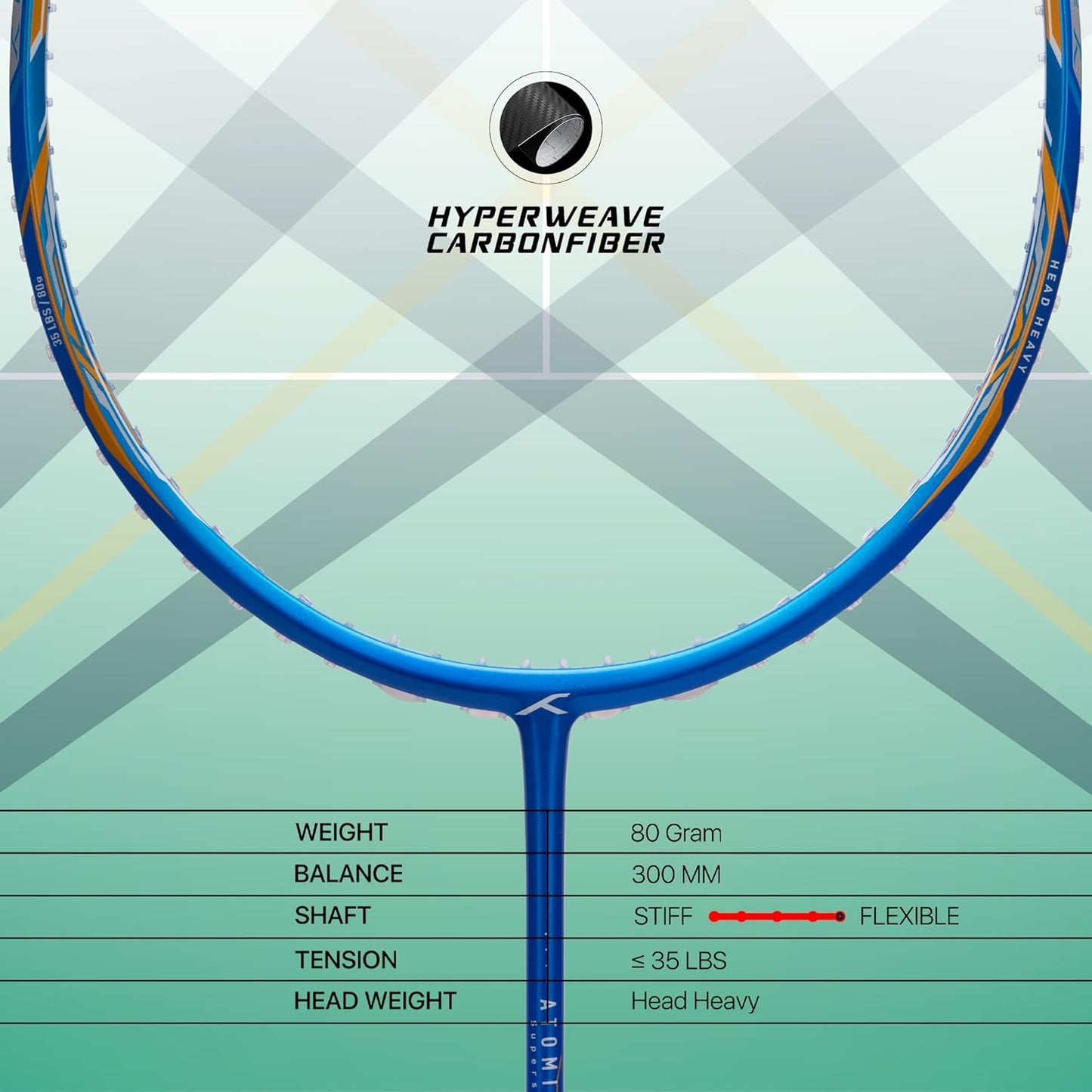 HUNDRED ATOMIC-X 35 SPD Carbonfaser-Badmintonschläger mit Besaitung und vollständiger Schlägerhülle Für fortgeschrittene Spieler | 80 Gramm | Maximale Saitenspannung – 35 lbs