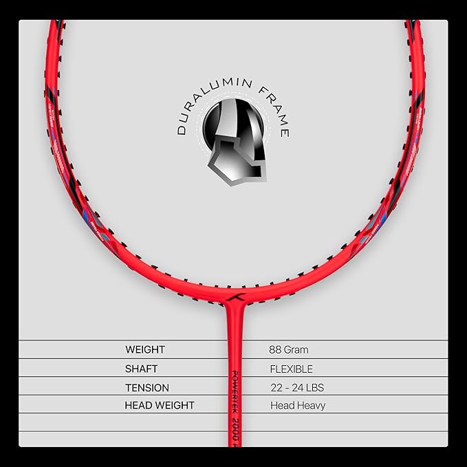 HUNDRED Powertek 2000 PRO Badminton Racket with Full String (Size: Standard, Grip Size: G6) | Stringing | Material: Graphite | For advanced players | Weight: 90 grams | Maximum string tension - 22-24lbs