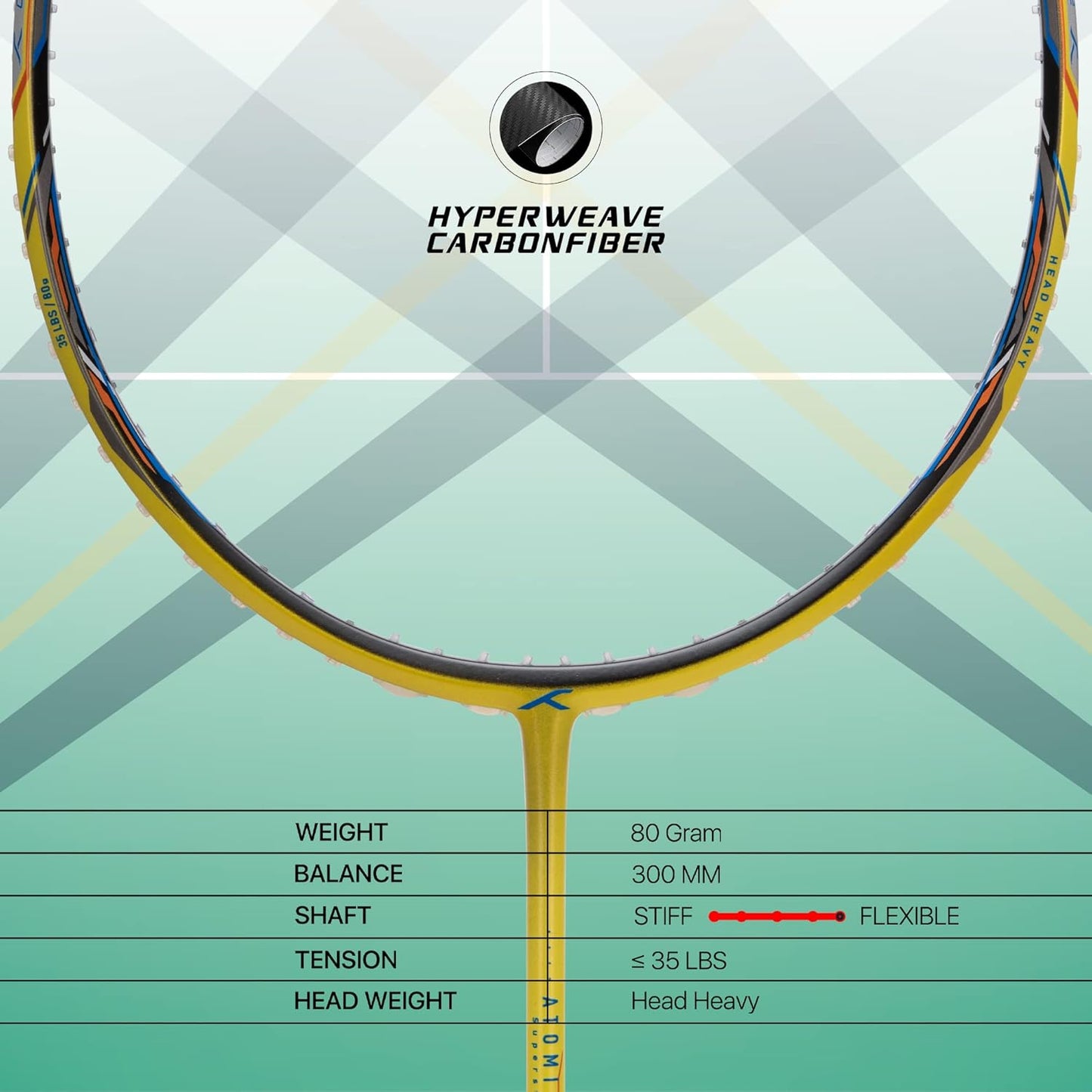 HUNDRED ATOMIC-X 35 SPD Carbonfaser-Badmintonschläger mit Besaitung und vollständiger Schlägerhülle Für fortgeschrittene Spieler | 80 Gramm | Maximale Saitenspannung – 35 lbs