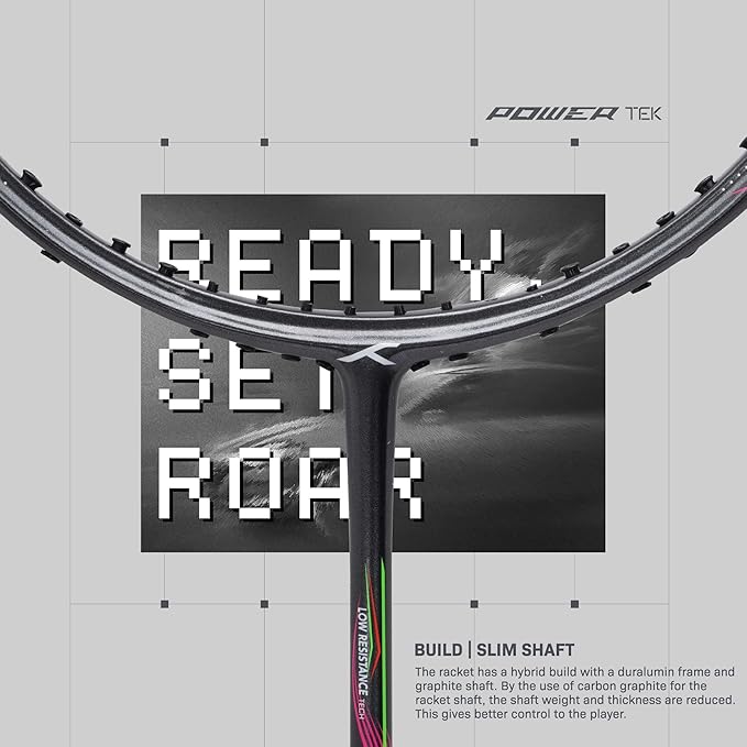 HUNDRED Powertek 1000 PRO Graphite Strung Badminton Racket with Complete Racket Cover | For advanced players | 95 grams | Maximum string tension - 26lbs