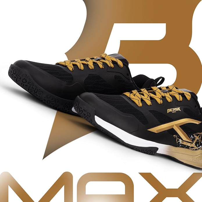 HUNDRED Beast Max Non-Marking Professional Badminton Shoes for Men (Black/Gold, EU 44/UK 10/US 11) | Material: Polyester/TPU | Suitable for indoor tennis/squash/table tennis/basketball & padel