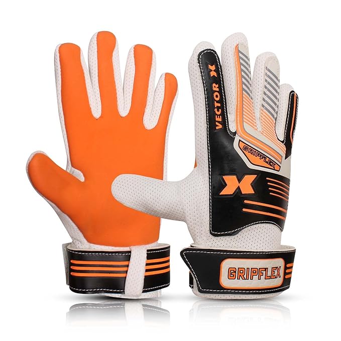 Vector X Gripflex Torwarthandschuhe für Kinder, Jugendliche, Torwart, Feldspieler-Handschuh, geprägt, rutschfeste Latex-Handfläche, weiches Polyurethan, Handrücken, Weiß, Schwarz, Orange, Größe 5