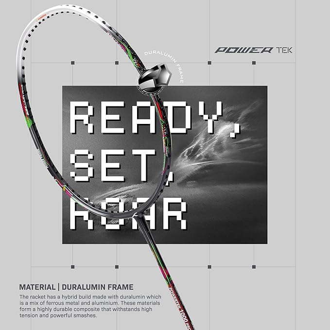 HUNDRED Powertek 1000 PRO Graphite Strung Badminton Racket with Complete Racket Cover | For advanced players | 95 grams | Maximum string tension - 26lbs