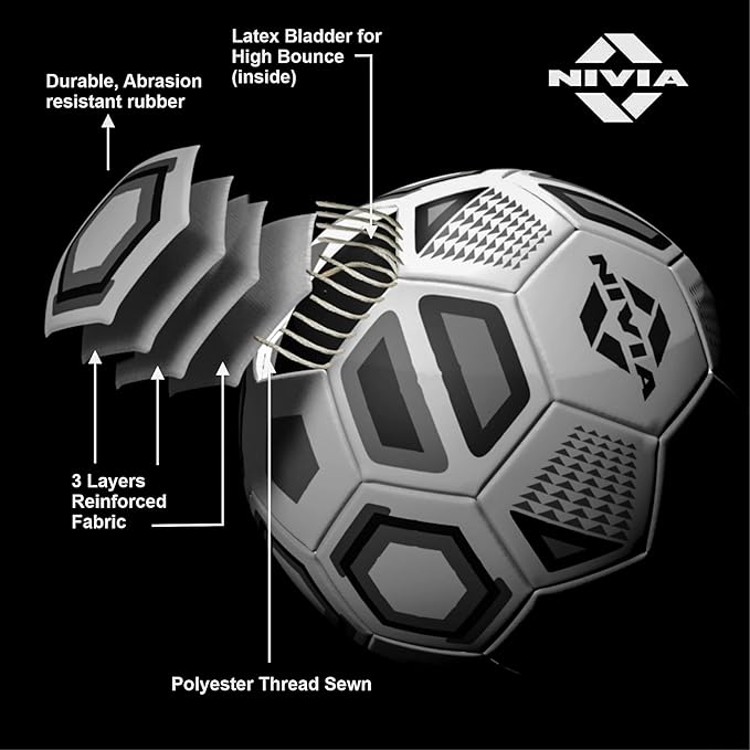 Nivia Black and White Football/Rubberized Stitched Football/32 Panel/Suitable for Hard Ground without Grass/Training Football/For Men/Women/Size - 5 (Black/White)