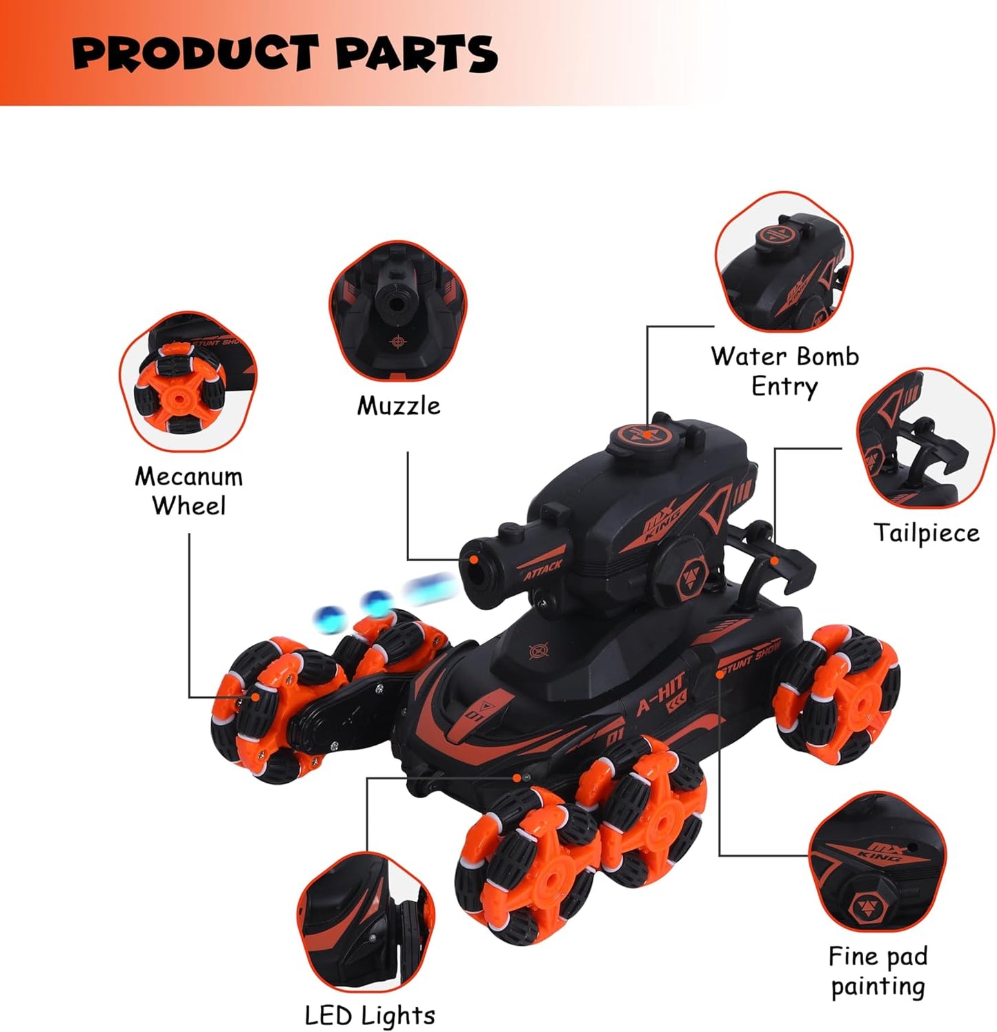 FUNFY 1:16 Scale 6-Wheel RC Stunt Car with Climbing and Shooting Function | Black | with 6 wheels for 45-degree propulsion, fog effect, obstacle crossing, all-wheel drive, and rechargeable battery for children and as a gift
