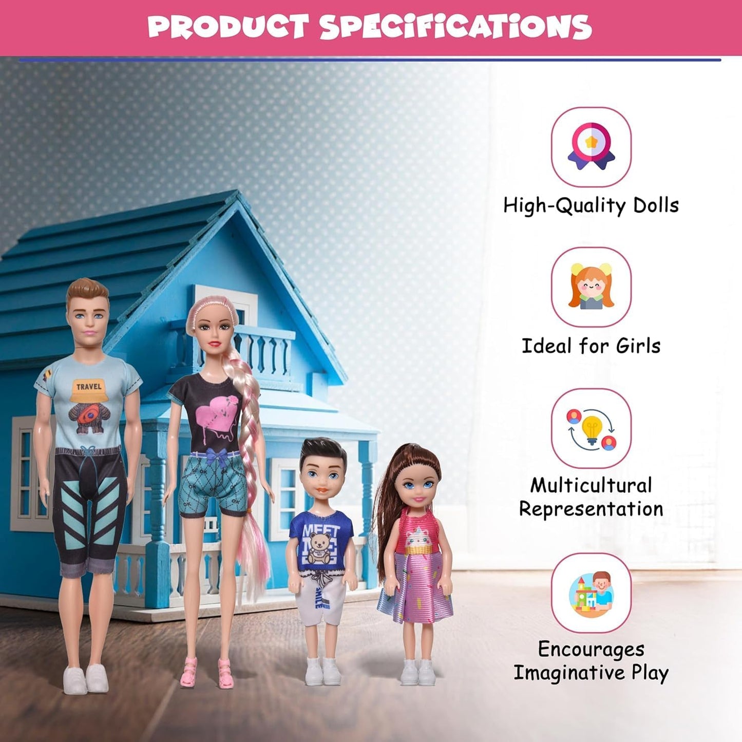 FUNFY Puppenset für Eltern und Kinder | Mehrfarbig | Die Elternpuppen haben einen 28 cm großen Körper aus massivem Kunststoff | Bietet eine komplette Familie – Vater, Mutter, Junge und Mädchen für fantasievolles Spielen | für Mädchen