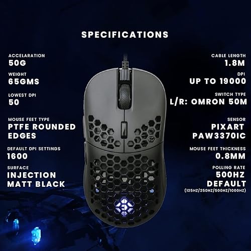 Cosmic Byte Kilonova 3370IC PRO X-Light kabelgebundene Gaming-Maus, 65 Gramm, Pixart 3370 Sensor, DIY-Hot-Swap-fähige Schalter, 0,8 mm PTFE-Füße, einstellbare Entprellungsrate, einstellbare LOD, Software (schwarz)