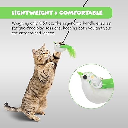 Funfy Cat Wand Toy, Interactive Cat Feather Toy with Bird for Indoor Self-Play & Exercise | 2 Play Modes Kitten Teaser Wand with Green Color Bird, Reusable Suction Cup Kitten Toy