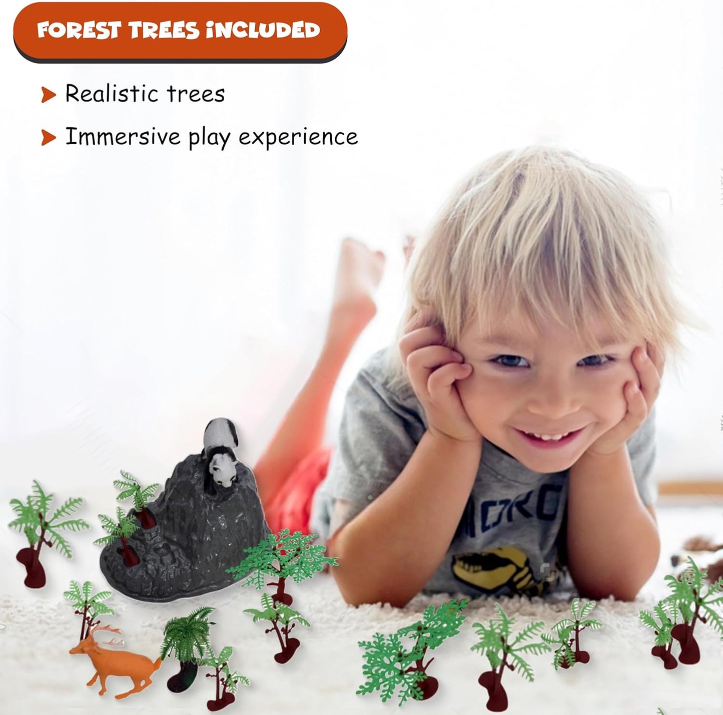 FUNFY Wild Animal Safari and Forest Toy Set with Box | Multicolored | Miniature assortment includes 10 animal figures with 18 forest trees and rocks | Encourages imaginative play | for children