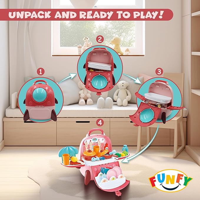 FUNFY 2-in-1 Tragbares Rucksack-Spielzeugküchen-Spielset | Mehrfarbig | Material: Kunststoff | Kochutensilien, Töpfe, Obst und Gemüse | Geschicklichkeitsaufbau | Rollenspiel | für Kinder