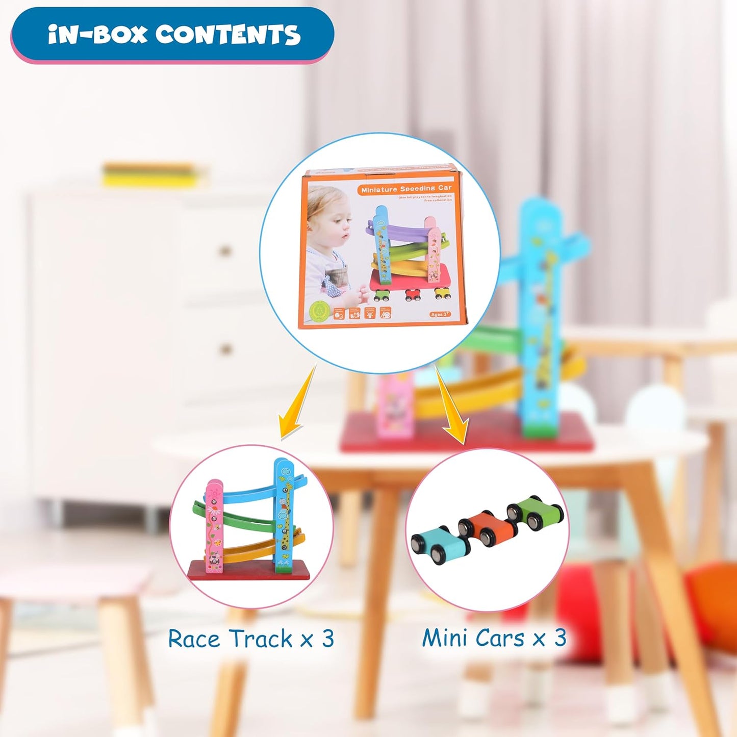 FUNFY Wooden Race Track Game with 3 Mini Cars | Multicolored | Material: Wood | Montessori Table Toy for Developing Creativity | Vibrant Design, for Children