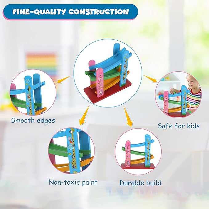 FUNFY Wooden Race Track Game with 3 Mini Cars | Multicolored | Material: Wood | Montessori Table Toy for Developing Creativity | Vibrant Design, for Children