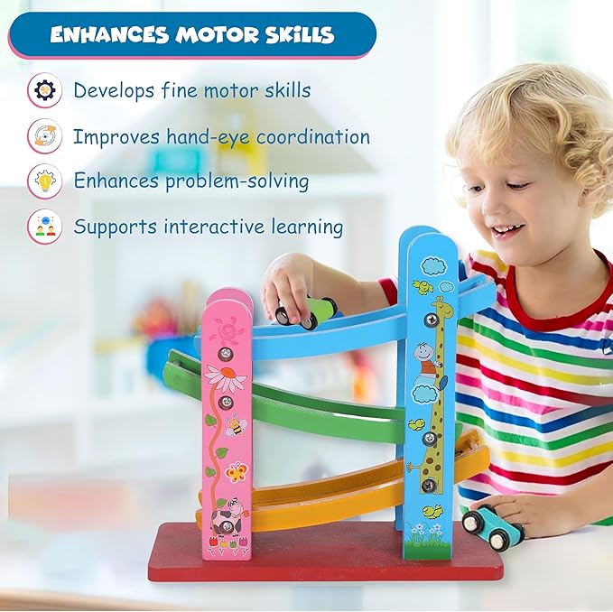 FUNFY Wooden Race Track Game with 3 Mini Cars | Multicolored | Material: Wood | Montessori Table Toy for Developing Creativity | Vibrant Design, for Children