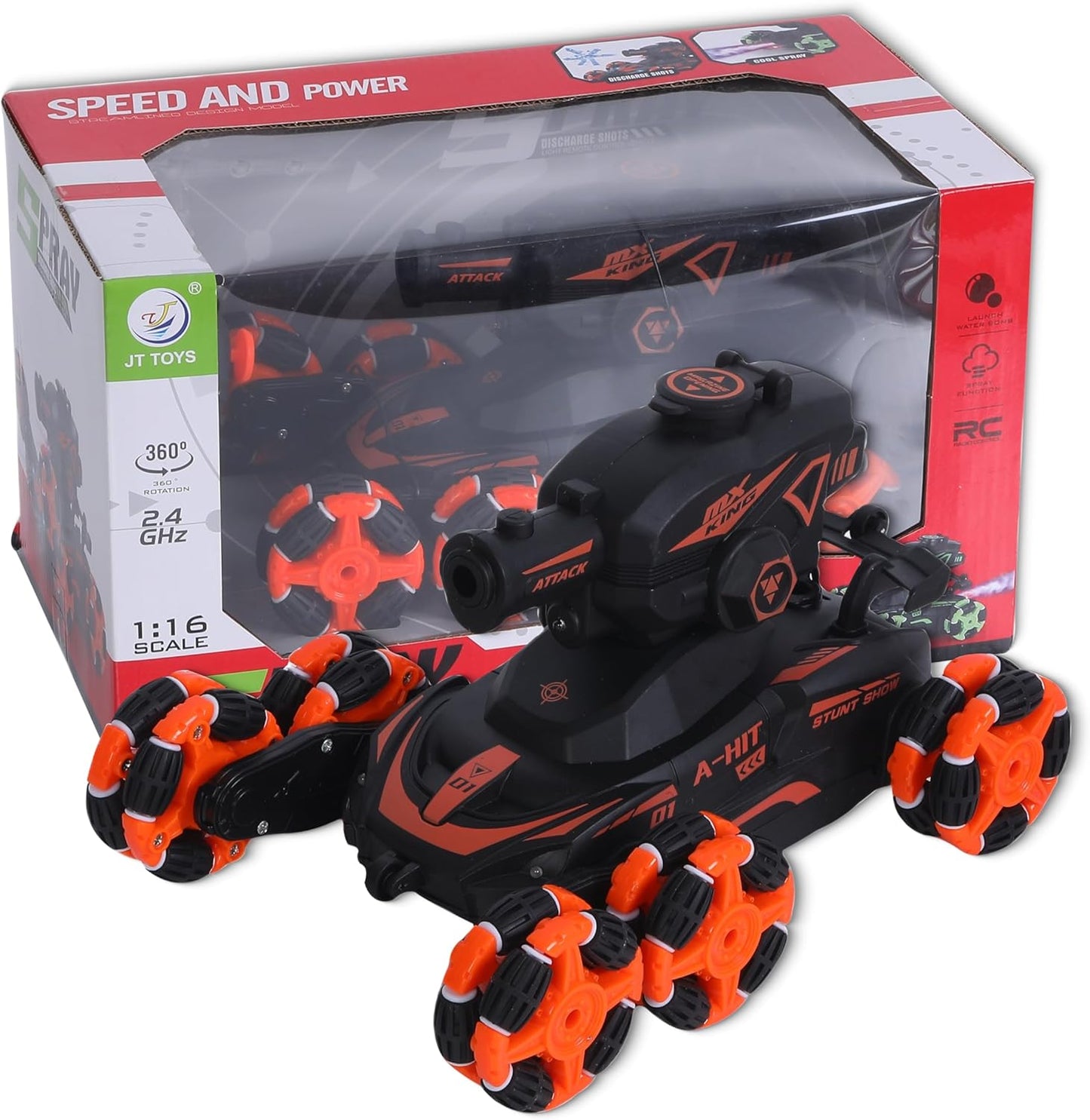 FUNFY 1:16 Scale 6-Wheel RC Stunt Car with Climbing and Shooting Function | Black | with 6 wheels for 45-degree propulsion, fog effect, obstacle crossing, all-wheel drive, and rechargeable battery for children and as a gift