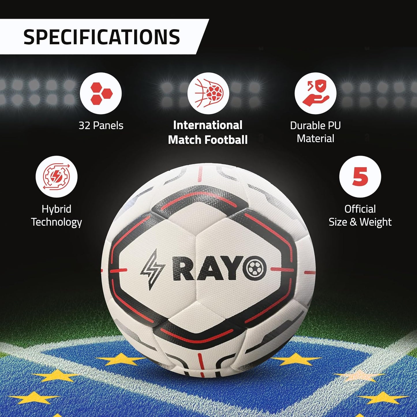 Rayo Mission Hybrid 32 Panel Match Football der Größe 5 | FIFA Approved / Stamped | Material : PU | 1 MM Thickness Football für professionelle Spiele