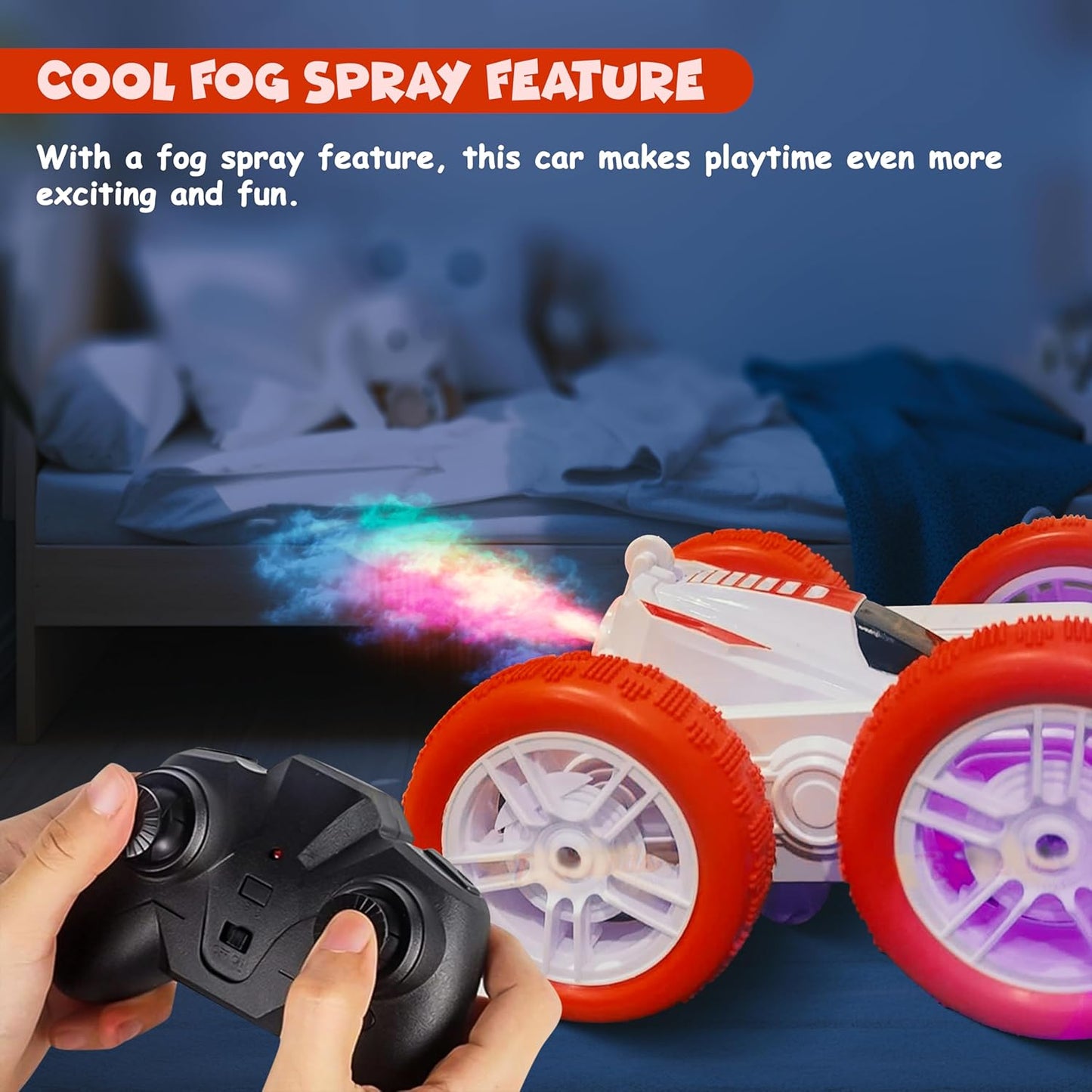 FUNFY Racing Stunt RC-Spielzeugauto mit Allradantrieb | mit 360-Grad-Drehung, Offroad, Doppelseitenantrieb | Rutschfeste Vakuumreifen, Nebelspray und wiederaufladbarer Batterie | Schwarz und Rot | für Kinder, Erwachsene