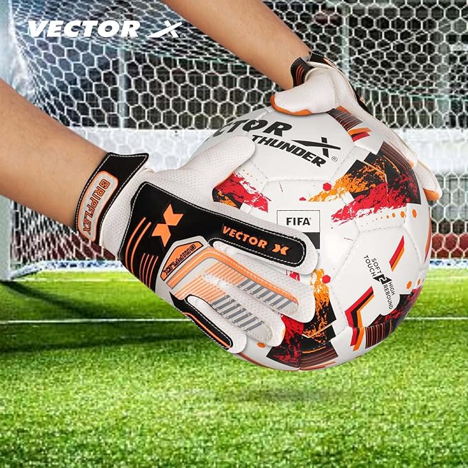 Vector X Gripflex Torwarthandschuhe für Kinder, Jugendliche, Torwart, Feldspieler-Handschuh, geprägt, rutschfeste Latex-Handfläche, weiches Polyurethan, Handrücken, Weiß, Schwarz, Orange, Größe 5