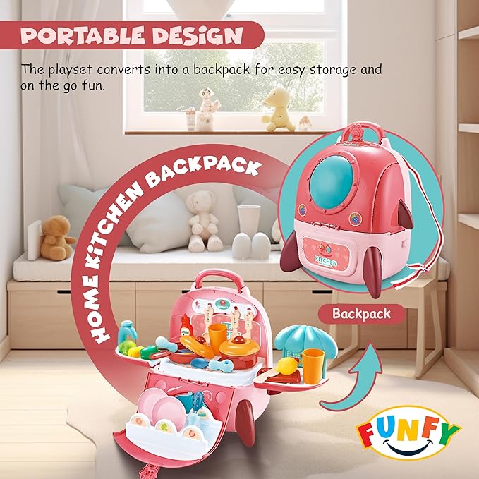 FUNFY 2-in-1 Tragbares Rucksack-Spielzeugküchen-Spielset | Mehrfarbig | Material: Kunststoff | Kochutensilien, Töpfe, Obst und Gemüse | Geschicklichkeitsaufbau | Rollenspiel | für Kinder