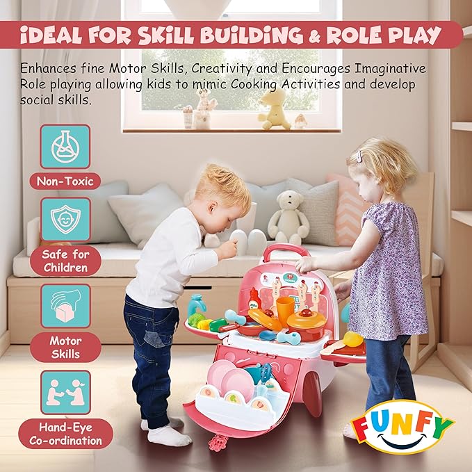 FUNFY 2-in-1 Tragbares Rucksack-Spielzeugküchen-Spielset | Mehrfarbig | Material: Kunststoff | Kochutensilien, Töpfe, Obst und Gemüse | Geschicklichkeitsaufbau | Rollenspiel | für Kinder