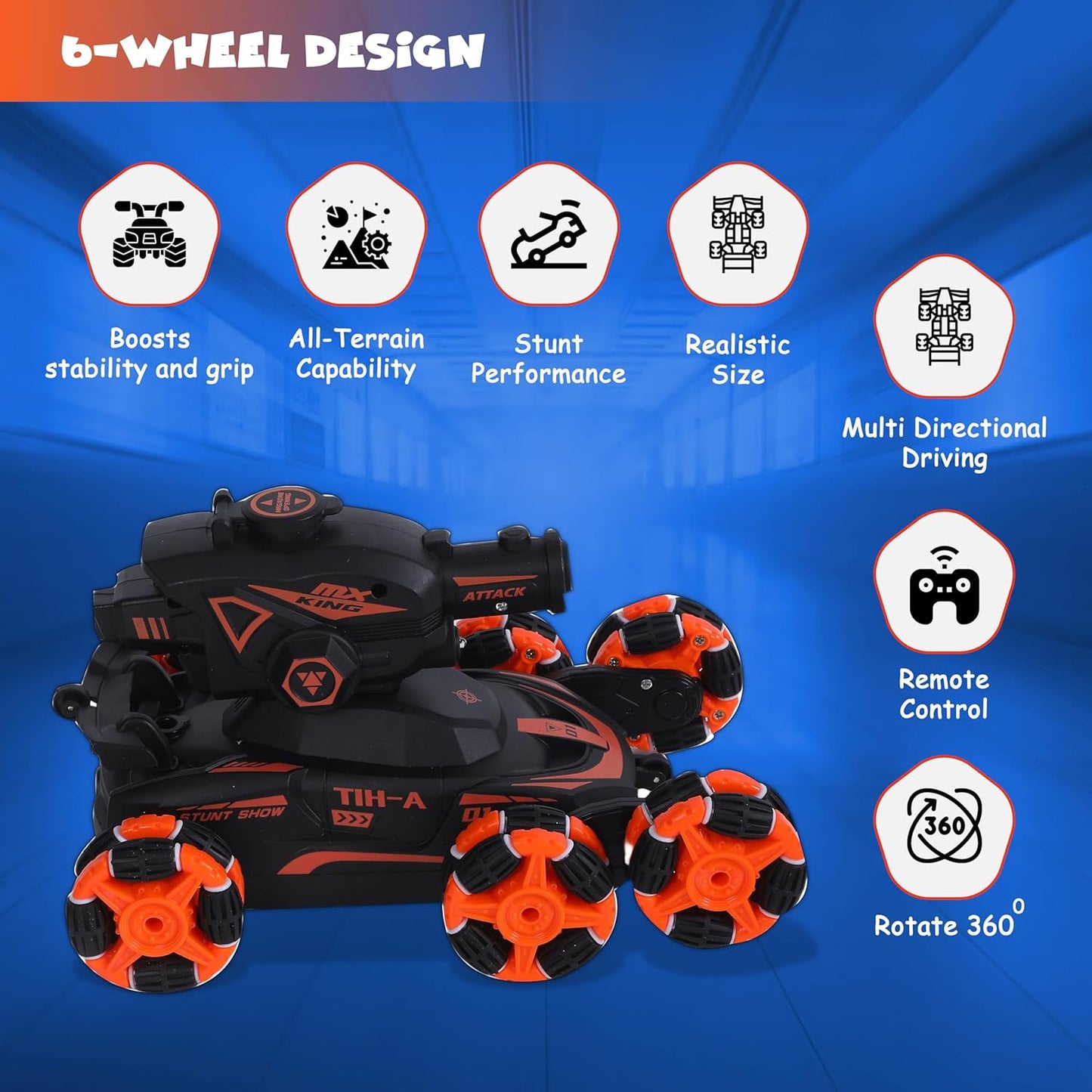 FUNFY 1:16 Scale 6-Wheel RC Stunt Car with Climbing and Shooting Function | Black | with 6 wheels for 45-degree propulsion, fog effect, obstacle crossing, all-wheel drive, and rechargeable battery for children and as a gift